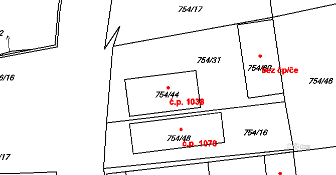 Zruč nad Sázavou 1038 na parcele st. 754/44 v KÚ Zruč nad Sázavou, Katastrální mapa
