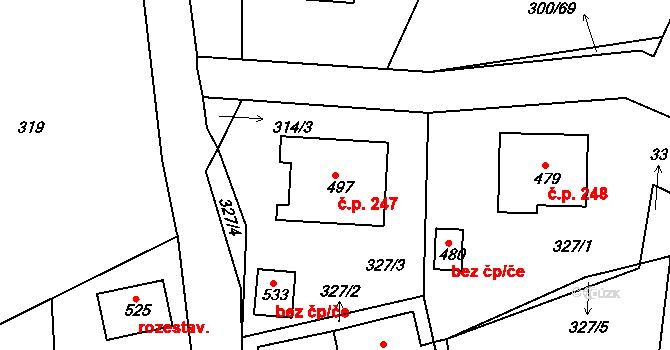 Hrádek 247 na parcele st. 497 v KÚ Hrádek u Rokycan, Katastrální mapa