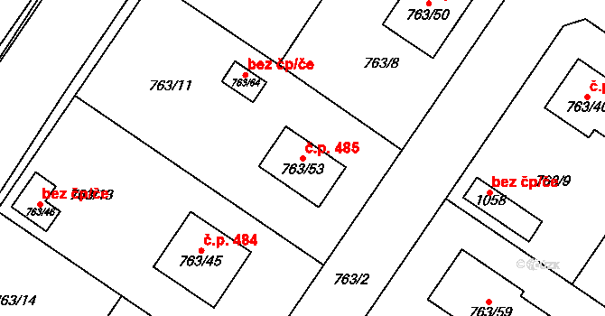 Kostomlaty nad Labem 485 na parcele st. 763/53 v KÚ Kostomlaty nad Labem, Katastrální mapa