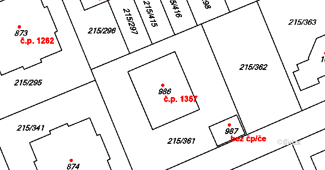 Rudná 1357 na parcele st. 986 v KÚ Hořelice, Katastrální mapa