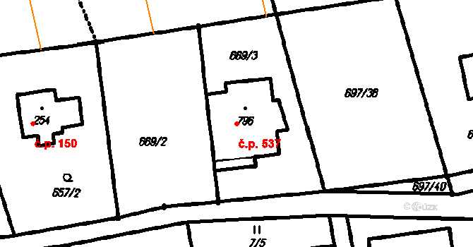 Vestec 537 na parcele st. 796 v KÚ Vestec u Prahy, Katastrální mapa