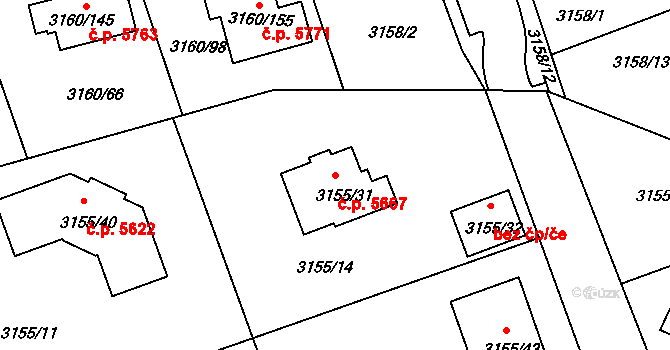 Chomutov 5667 na parcele st. 3155/31 v KÚ Chomutov II, Katastrální mapa