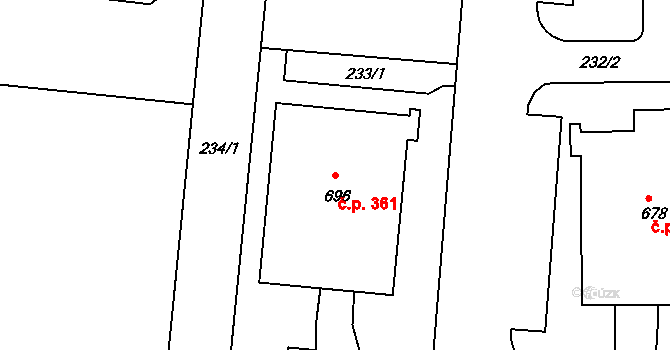 Krasice 361, Prostějov na parcele st. 696 v KÚ Krasice, Katastrální mapa