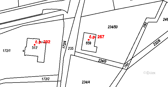 Roztoky 257 na parcele st. 659 v KÚ Roztoky u Křivoklátu, Katastrální mapa