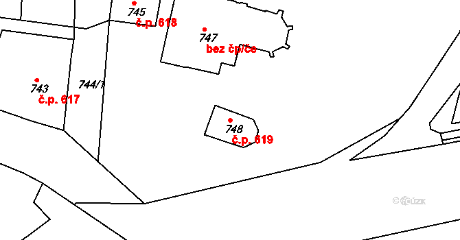 Jemnice 619 na parcele st. 748 v KÚ Jemnice, Katastrální mapa