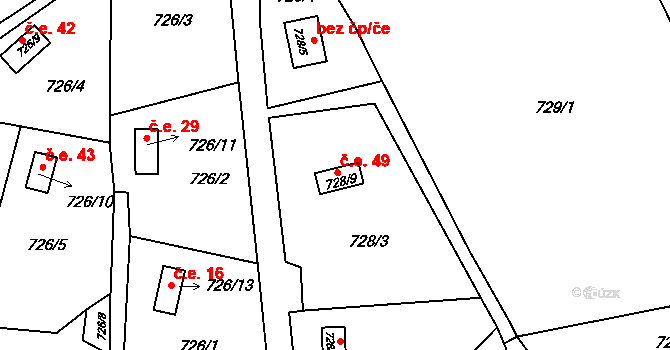 Horní Jasenka 49, Vsetín na parcele st. 728/9 v KÚ Jasenka, Katastrální mapa