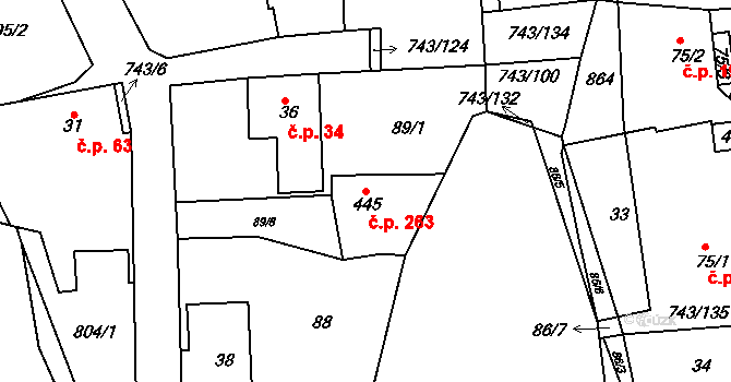 Škrdlovice 263 na parcele st. 445 v KÚ Škrdlovice, Katastrální mapa