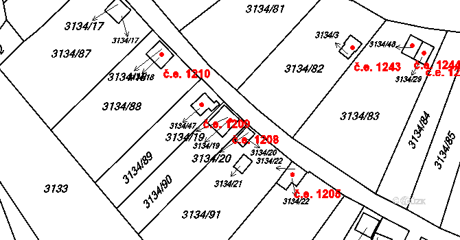Kadaň 1208 na parcele st. 3134/19 v KÚ Kadaň, Katastrální mapa