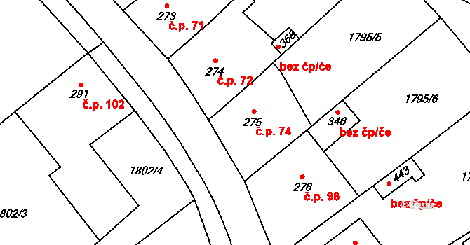 Hvězdonice 74 na parcele st. 275 v KÚ Hvězdonice, Katastrální mapa