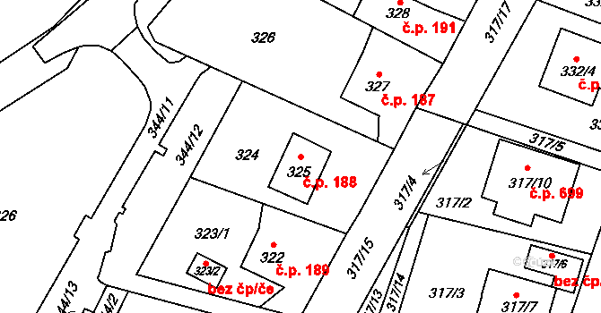 Výškovice 188, Ostrava na parcele st. 325 v KÚ Výškovice u Ostravy, Katastrální mapa