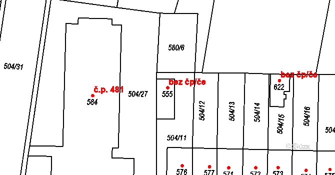 Kamenice 38686651 na parcele st. 555 v KÚ Kamenice u Jihlavy, Katastrální mapa