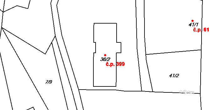 Zádveřice 399, Zádveřice-Raková na parcele st. 36/2 v KÚ Zádveřice, Katastrální mapa