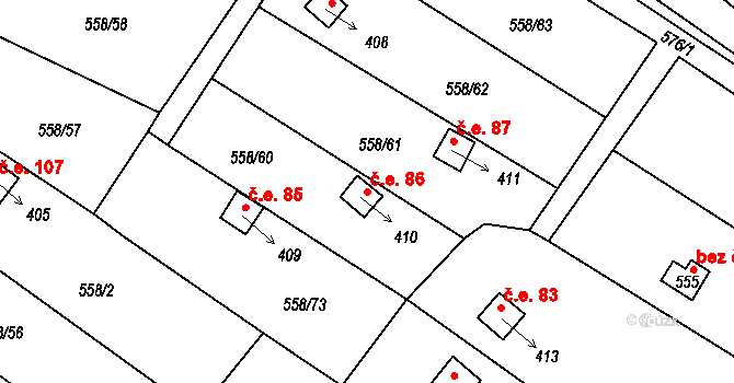 Malé Žernoseky 86 na parcele st. 410 v KÚ Malé Žernoseky, Katastrální mapa