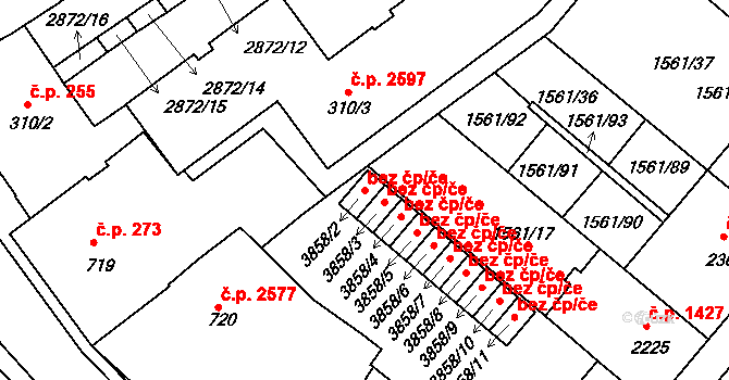 Písek 42160651 na parcele st. 3858/2 v KÚ Písek, Katastrální mapa
