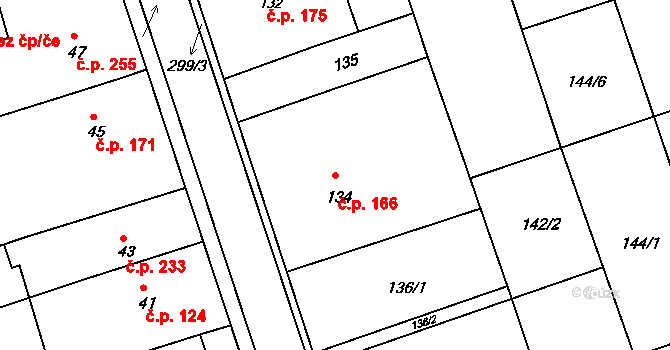 Hrušky 166 na parcele st. 134 v KÚ Hrušky u Brna, Katastrální mapa