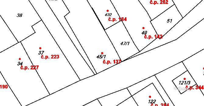 Těšov 137, Uherský Brod na parcele st. 45/1 v KÚ Těšov, Katastrální mapa