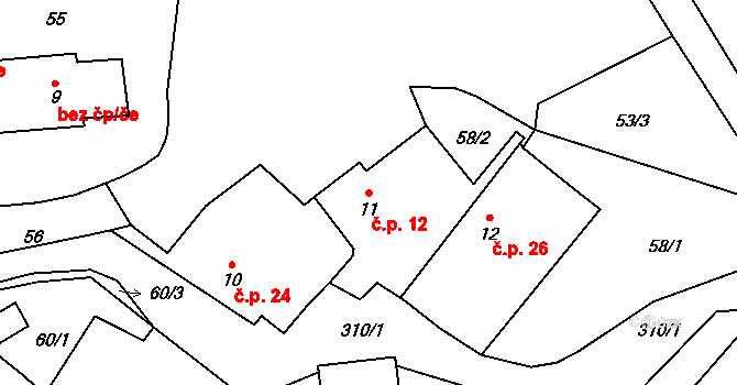 Licoměřice 12, Lipovec na parcele st. 11 v KÚ Licoměřice, Katastrální mapa