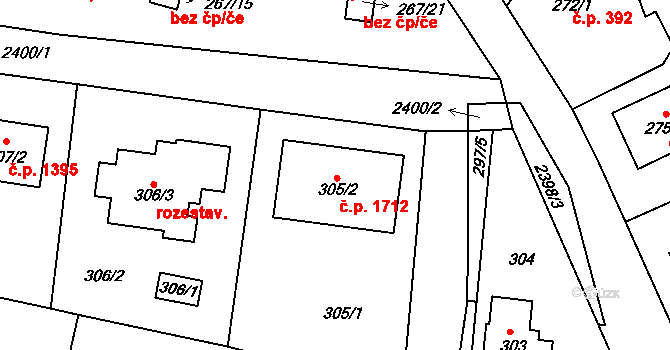 Kunratice 1712, Praha na parcele st. 305/2 v KÚ Kunratice, Katastrální mapa