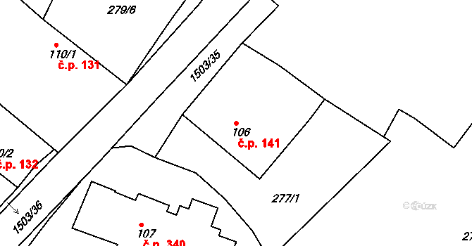 Rosice 141 na parcele st. 106 v KÚ Rosice u Chrasti, Katastrální mapa