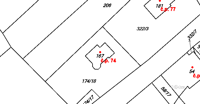 Kunčí 74, Slatiňany na parcele st. 167 v KÚ Kunčí, Katastrální mapa