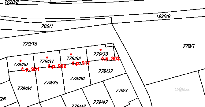 Holice 903, Olomouc na parcele st. 779/33 v KÚ Holice u Olomouce, Katastrální mapa