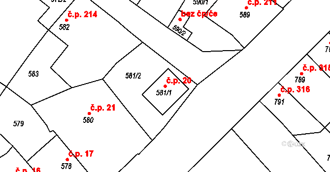 Choceňské Předměstí 20, Vysoké Mýto na parcele st. 581/1 v KÚ Vysoké Mýto, Katastrální mapa
