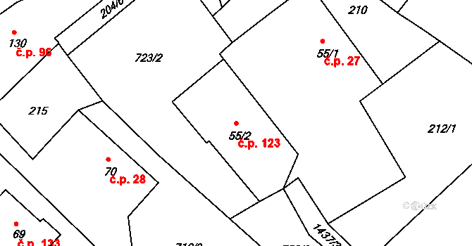 Suchý Důl 123 na parcele st. 55/2 v KÚ Suchý Důl, Katastrální mapa