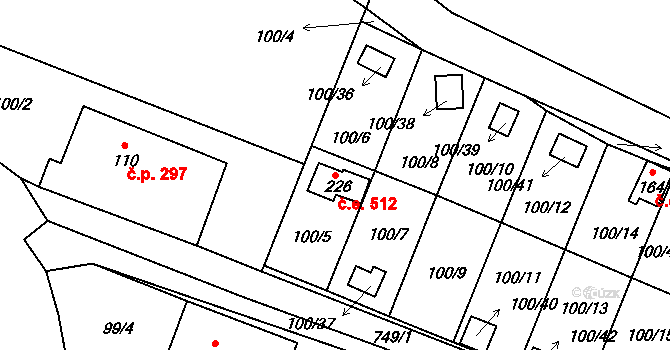 Dobronín 512 na parcele st. 226 v KÚ Střelecká, Katastrální mapa