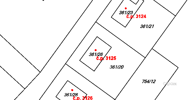 Milovice 3125 na parcele st. 361/26 v KÚ Milovice nad Labem, Katastrální mapa
