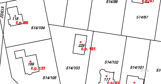 Kozinec 181, Holubice na parcele st. 228 v KÚ Kozinec, Katastrální mapa
