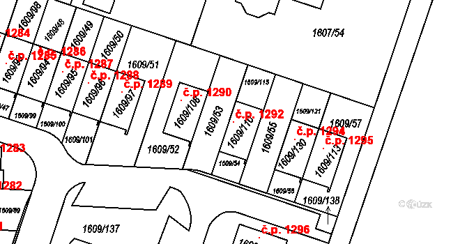 Kosmonosy 1292 na parcele st. 1609/110 v KÚ Kosmonosy, Katastrální mapa