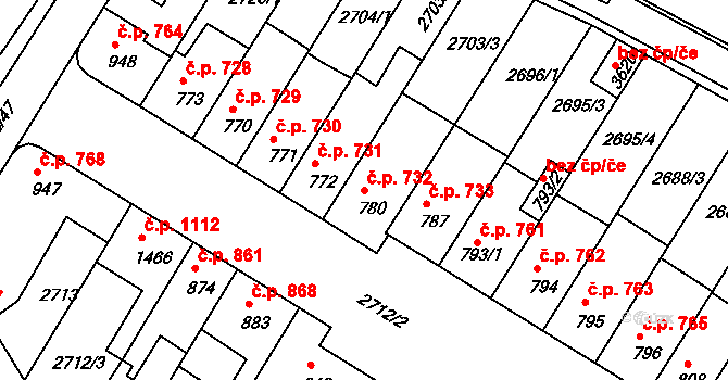 Bystřice pod Hostýnem 732 na parcele st. 780 v KÚ Bystřice pod Hostýnem, Katastrální mapa