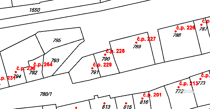 Plumlov 228 na parcele st. 790 v KÚ Plumlov, Katastrální mapa
