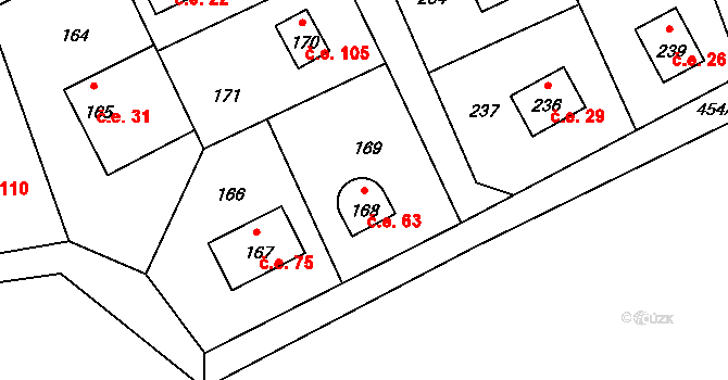Dojetřice 63, Sázava na parcele st. 168 v KÚ Dojetřice, Katastrální mapa