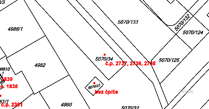 Jihlava 2736,2737,2738 na parcele st. 5070/34 v KÚ Jihlava, Katastrální mapa