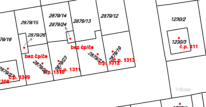 Dubňany 1313 na parcele st. 2879/19 v KÚ Dubňany, Katastrální mapa