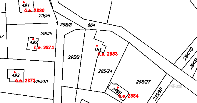 Těptín 2883, Kamenice na parcele st. 151 v KÚ Těptín, Katastrální mapa
