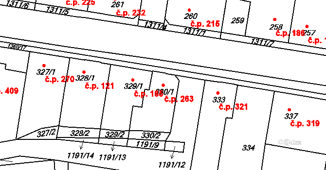 Tuchlovice 263 na parcele st. 330/1 v KÚ Tuchlovice, Katastrální mapa