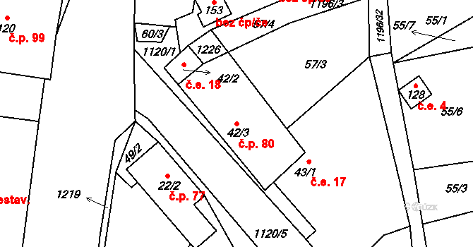 Snědovice 80 na parcele st. 42/3 v KÚ Snědovice, Katastrální mapa
