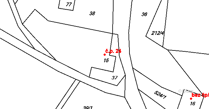 Horní Týnec 24, Třebušín na parcele st. 15 v KÚ Horní Týnec, Katastrální mapa