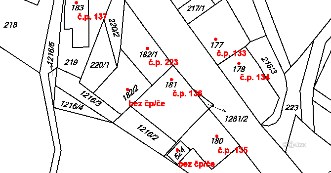 Železnice 136 na parcele st. 181 v KÚ Železnice, Katastrální mapa