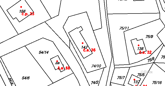 Rašovice 36, Klášterec nad Ohří na parcele st. 142 v KÚ Rašovice u Klášterce nad Ohří, Katastrální mapa