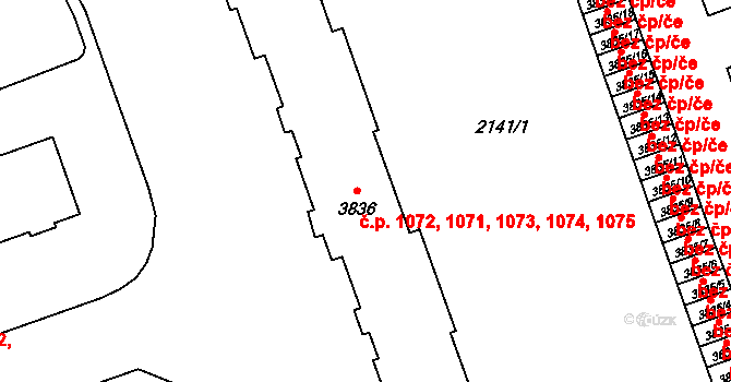 Horka-Domky 1071,1072,1073,1074,, Třebíč na parcele st. 3836 v KÚ Třebíč, Katastrální mapa