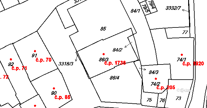 Pelhřimov 1736 na parcele st. 86/3 v KÚ Pelhřimov, Katastrální mapa