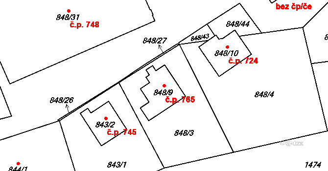 Řeporyje 765, Praha na parcele st. 848/9 v KÚ Řeporyje, Katastrální mapa