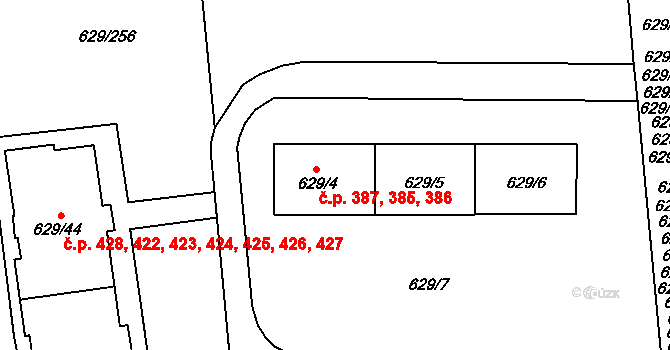 Letňany 385,386,387, Praha na parcele st. 629/4 v KÚ Letňany, Katastrální mapa