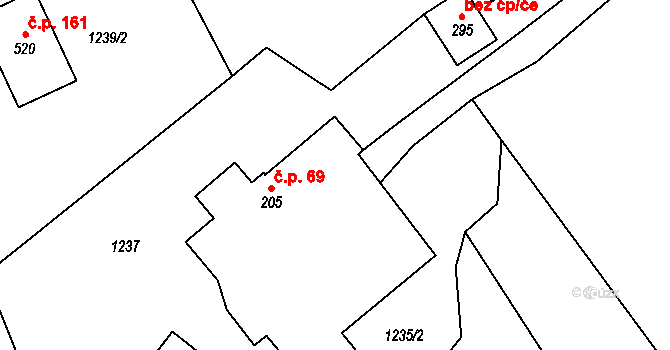Dubenec 69 na parcele st. 205 v KÚ Dubenec, Katastrální mapa