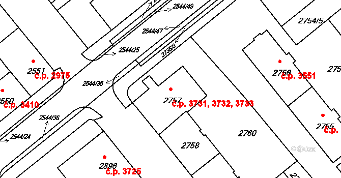 Chomutov 3731,3732,3733 na parcele st. 2757 v KÚ Chomutov II, Katastrální mapa