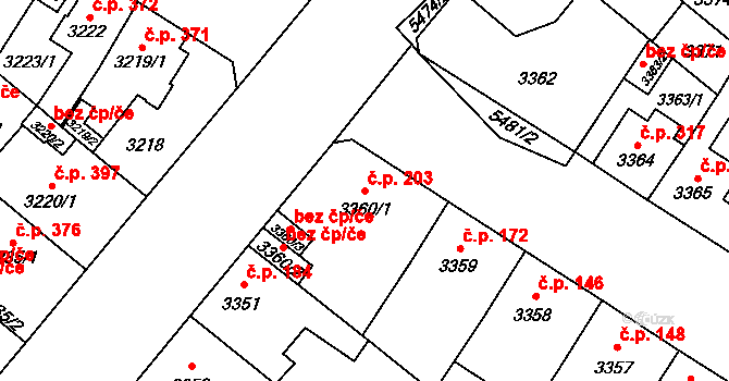 Lobzy 203, Plzeň na parcele st. 3360/1 v KÚ Plzeň, Katastrální mapa