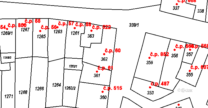 Dolní Kounice 60 na parcele st. 362 v KÚ Dolní Kounice, Katastrální mapa